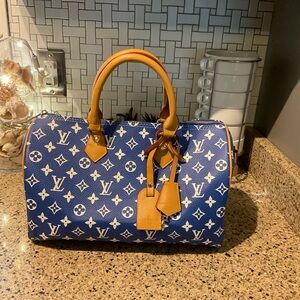 COPY - Inspired P9 Speedy Bandouliere 40 Blue Monogram Gold Hardware